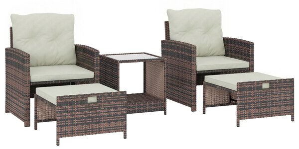 Outsunny Rattan és acél kerti garnitúra, 5 részes, 2 puffal, 2 székkel és 2 szintes kávézóasztallal, barna és krém színben