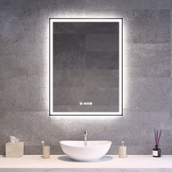 Fekete keretes Loft stílusú LED tükör 60x80cm | Páramentesítő - Óra - Fényerő és színhőmérséklet szabályozás | Welland Luxury-Line Loft G1101
