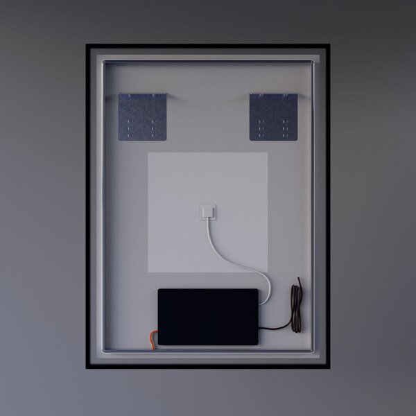 Fekete keretes Loft stílusú LED tükör 60x80cm | Páramentesítő - Óra - Fényerő és színhőmérséklet szabályozás | Welland Luxury-Line Loft G1101