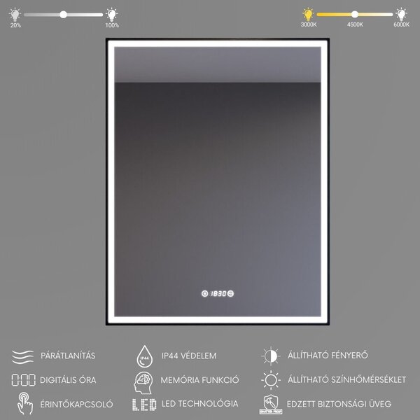 Fekete keretes Loft stílusú LED tükör 60x80cm | Páramentesítő - Óra - Fényerő és színhőmérséklet szabályozás | Welland Luxury-Line Loft G1101
