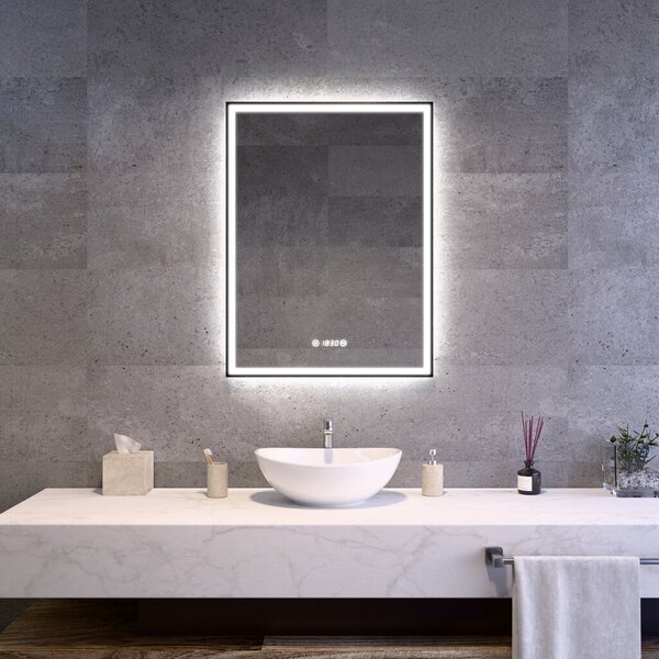 Fekete keretes Loft stílusú LED tükör 60x80cm | Páramentesítő - Óra - Fényerő és színhőmérséklet szabályozás | Welland Luxury-Line Loft G1101