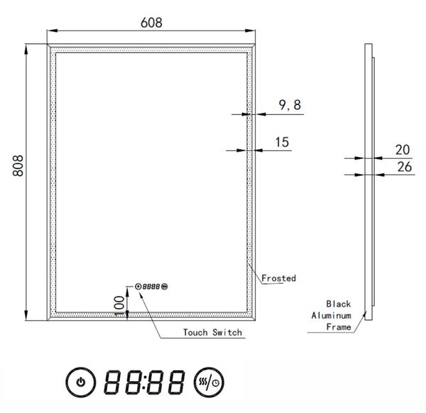 Fekete keretes Loft stílusú LED tükör 60x80cm | Páramentesítő - Óra - Fényerő és színhőmérséklet szabályozás | Welland Luxury-Line Loft G1101