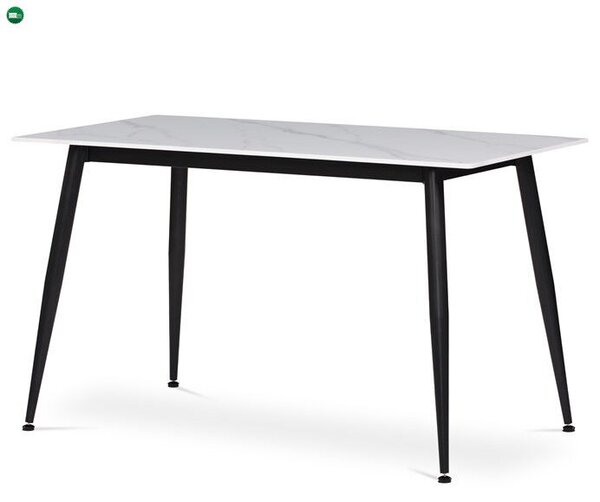 Márványhatású fehér kerámia étkezőasztal fekete fém lábakkal, 130×70 cm (HT-403M)