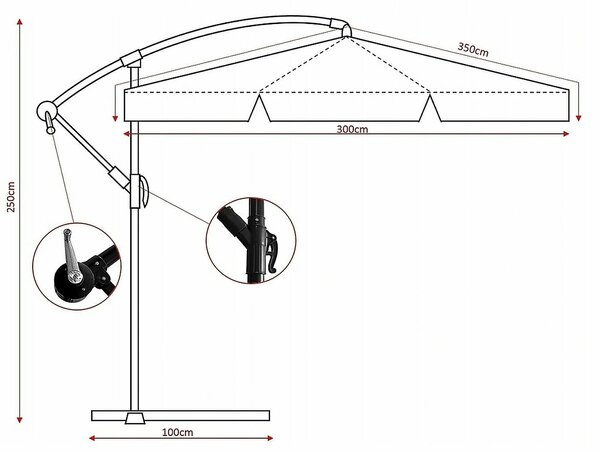 Oldalkaros kerti napernyő dönthető mechanizmussal, vízálló, 300 cm átmérőjű, huzattal, bézs