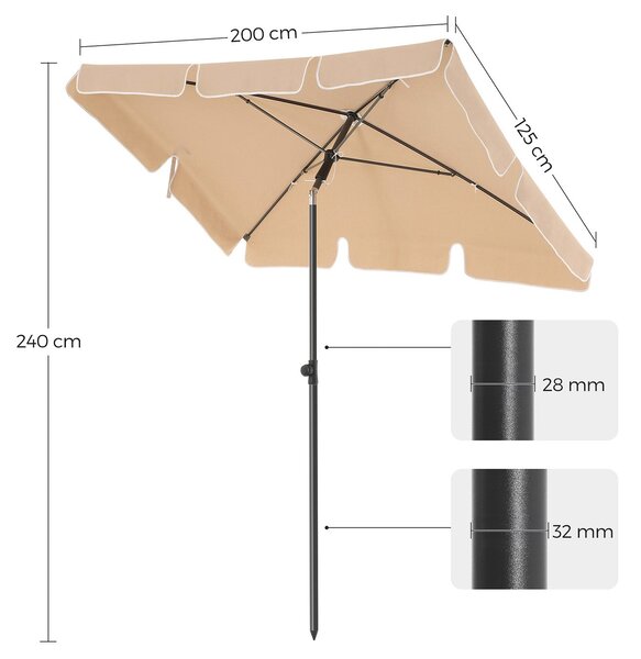 Téglalap alakú napernyő 2 × 1,25 m, UPF 50+ védelem, dönthető, talp nélkül, taupe