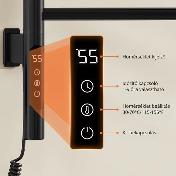 Intelligens Törölközőszárító Radiátor Kihajtható Íves Karokkal, G65 - Fekete