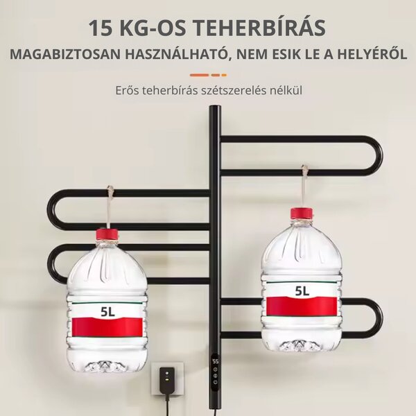 Intelligens Törölközőszárító Radiátor Kihajtható Íves Karokkal, G65 - Fekete