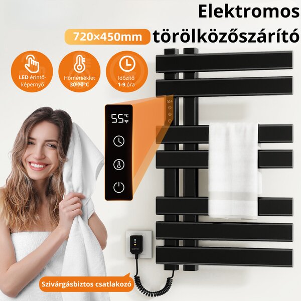 Intelligens Törölközőszárító Radiátor Szögletes Karokkal, R530 - Fekete