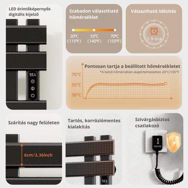 Intelligens Törölközőszárító Radiátor Szögletes Karokkal, R530 - Fekete