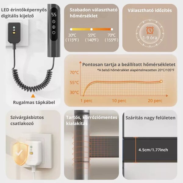 Intelligens törölközőszárító radiátor kihajtható szögletes karokkal, G68 - Fekete - Wi-Fi