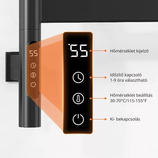Intelligens törölközőszárító radiátor kihajtható szögletes karokkal, G68 - Fekete - Wi-Fi