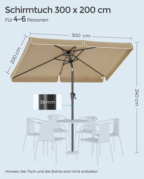 Kerti napernyő kézi hajtással, UPF 50+, 30°-os dőlés, fém váz, 300x200 cm, taupe barna