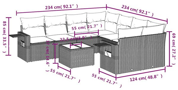 9 db barna polyrattan kerti kanapégarnitúra párnákkal