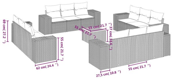 13 részes fekete polyrattan kerti ülőgarnitúra párnákkal