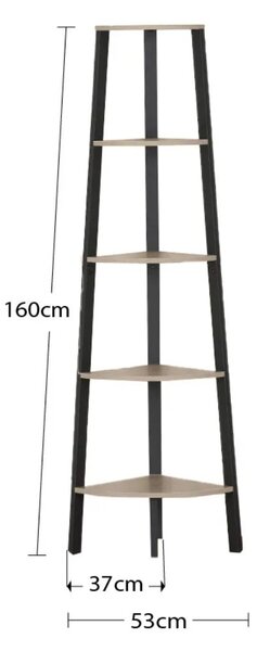 KÉSZLETKISÖPRÉS! Intenso Home 5 szintes sarokpolc / könyvespolc / virágtartó állvány 37 x 160cm, modern tölgy szín | Döntött design fém lábakkal