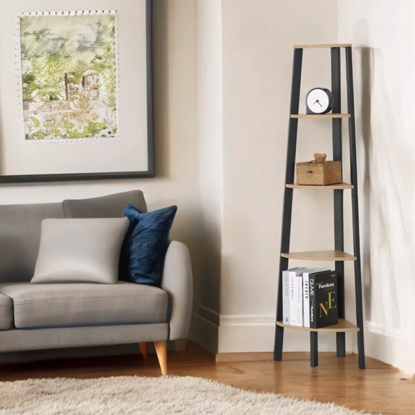 KÉSZLETKISÖPRÉS! Intenso Home 5 szintes sarokpolc / könyvespolc / virágtartó állvány 37 x 160cm, modern tölgy szín | Döntött design fém lábakkal
