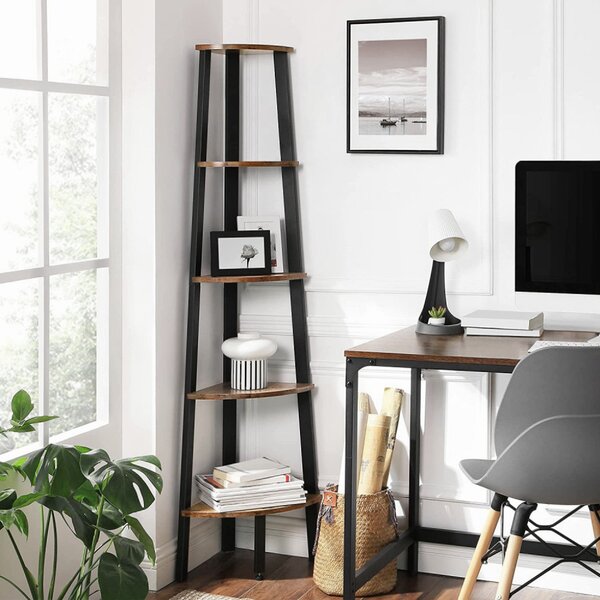KÉSZLETKISÖPRÉS! Intenso Home 5 szintes sarokpolc / könyvespolc / virágtartó állvány 37 x 160cm, modern tölgy szín | Döntött design fém lábakkal