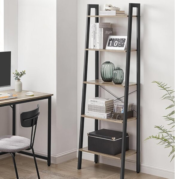 KÉSZLETKISÖPRÉS! Intenso Home 5 szintes nyitott könyvespolc / virágállvány 56 x 172cm, döntött design, modern tölgy szín | Univerzális tároló állvány fém lábakkal