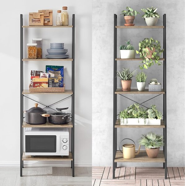 KÉSZLETKISÖPRÉS! Intenso Home 5 szintes nyitott könyvespolc / virágállvány 56 x 172cm, döntött design, modern tölgy szín | Univerzális tároló állvány fém lábakkal
