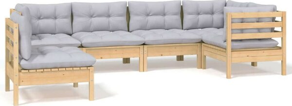 6 részes fenyőfa kerti ülőgarnitúra szürke párnákkal
