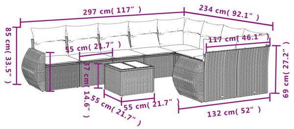 10 db barna polyrattan kerti kanapégarnitúra párnákkal