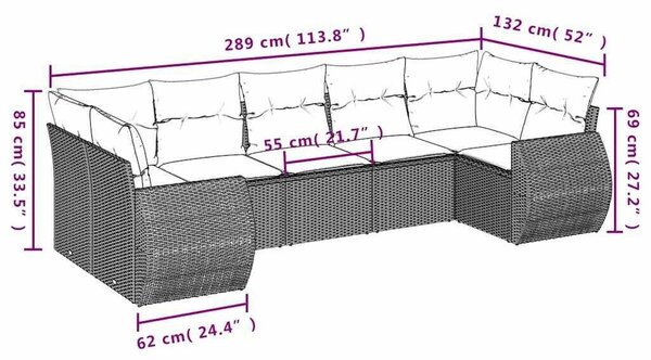7 db szürke polyrattan kerti kanapégarnitúra párnákkal