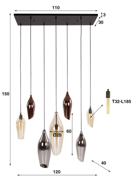 Zijlstra Mixture függőlámpa 4+3, 7-light, üveg, több színű, dimmelhető, Többszínű, Nappali / Étkező, Üveg