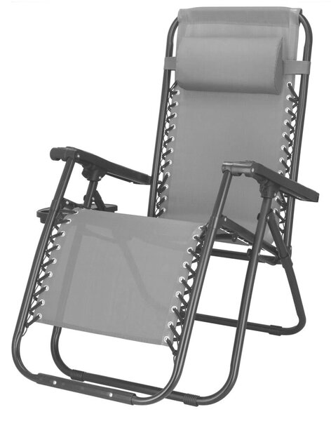 Siesta napozószék, összecsukható, tengerparti vagy kerti használatra, null gravitációs technológiával, támasztófejjel, 175x67x110 cm, szürke
