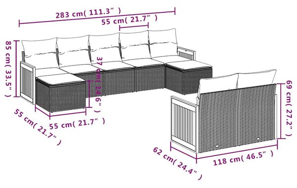 VidaXL 10 db fekete polyrattan kerti kanapégarnitúra párnákkal