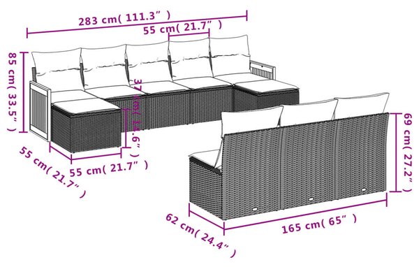 VidaXL 10 db szürke polyrattan kerti kanapégarnitúra párnákkal