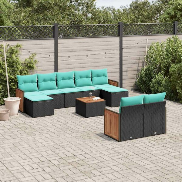 VidaXL 10 db fekete polyrattan kerti kanapégarnitúra párnákkal