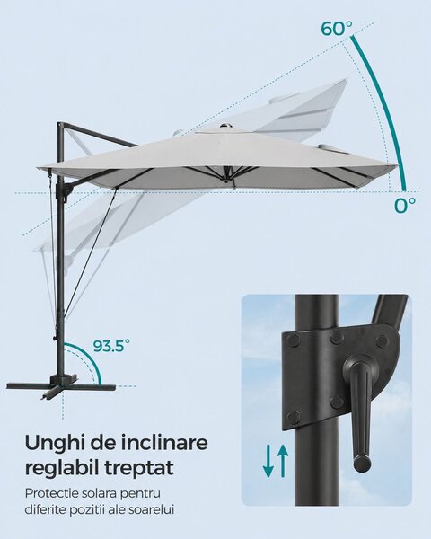 270x270 cm-es, UPF 50+, 360°-os forgatású, állítható dőlésszögű, világosszürke, lengőkaros kerti napernyő