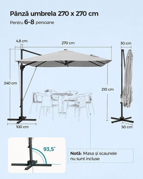 270x270 cm-es, UPF 50+, 360°-os forgatású, állítható dőlésszögű, világosszürke, lengőkaros kerti napernyő
