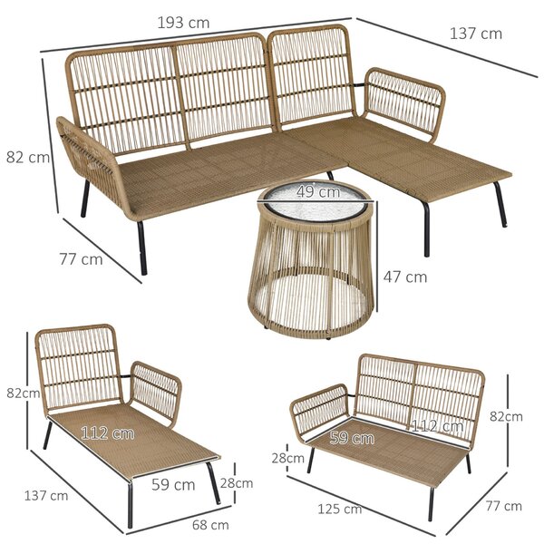 Outsunny Bohó Chic stílusú rattan kerti garnitúra sarokkanapéval és asztallal, krém és kávé színben