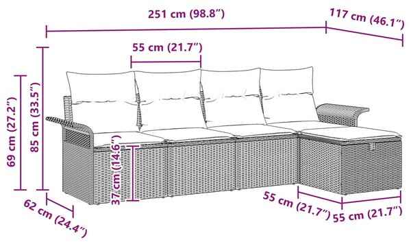 VidaXL Kerti Kanapé Szett párnával 5 pcs Barna és Piros polirattan