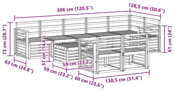 VidaXL Kültéri kanapé szett 9 pcs Fehér 59 x 59 x 37 cm Tömör Akácfa