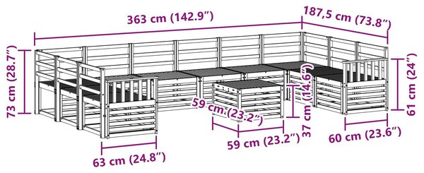 VidaXL Kültéri kanapé szett 11 pcs Fehér 59 x 59 x 37 cm Tömör Akácfa
