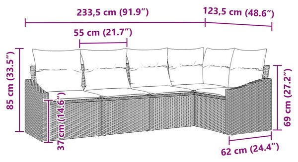 VidaXL Kanapé Szett párnával 5 pcs Fekete polirattan
