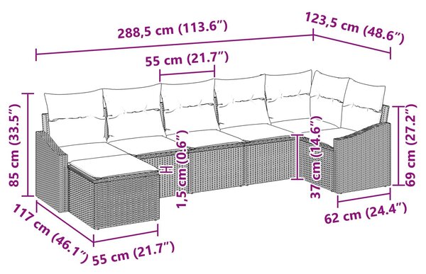 VidaXL Kanapé Szett párnával 7 pcs Fekete polirattan