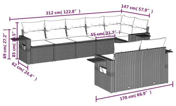 VidaXL 8 db fekete polyrattan kerti kanapégarnitúra párnákkal