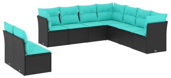 VidaXL 9 db fekete polyrattan kerti kanapégarnitúra párnákkal