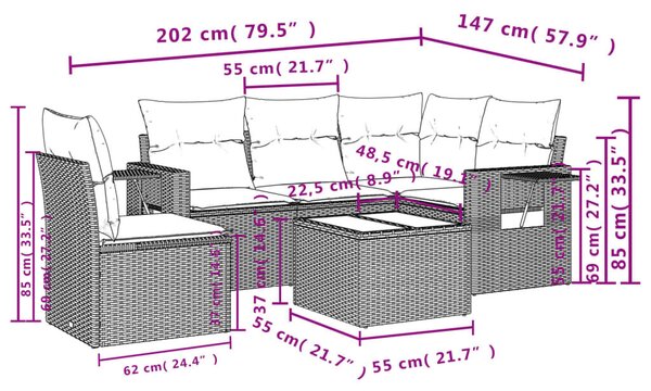 VidaXL 6 db fekete polyrattan kerti kanapégarnitúra párnákkal