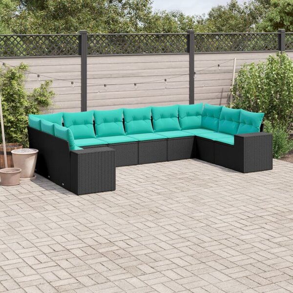 VidaXL 10 db fekete polyrattan kerti kanapégarnitúra párnákkal