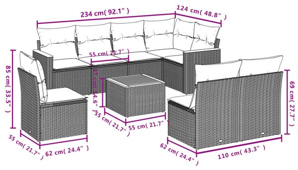 VidaXL 9 db fekete polyrattan kerti kanapégarnitúra párnákkal