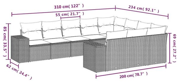 VidaXL 10 db barna polyrattan kerti kanapégarnitúra párnákkal