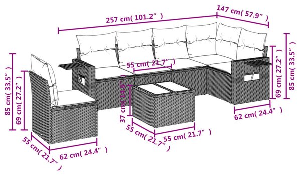 VidaXL 7 db fekete polyrattan kerti kanapégarnitúra párnákkal
