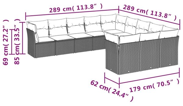 VidaXL 11 db fekete polyrattan kerti kanapégarnitúra párnákkal