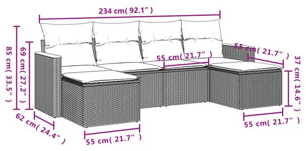 VidaXL 6 db fekete polyrattan kerti kanapégarnitúra párnákkal