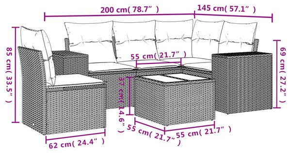 VidaXL 6 db szürke polyrattan kerti kanapégarnitúra párnákkal