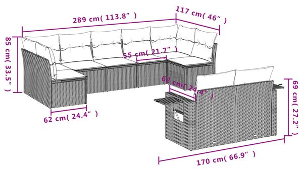 VidaXL 9 db szürke polyrattan kerti kanapégarnitúra párnákkal